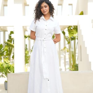 Vestido largo holgado de lino con cinturón: vestido camisero abotonado hecho a mano, ropa de talla grande.