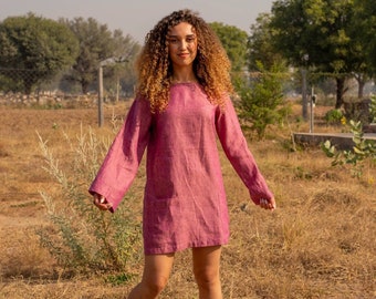 Robe Shift en lin rose, haut à manches longues, tunique courte confortable, blouse d’été décontractée avec poches, haut en lin, petite taille plus, taille personnalisée