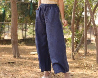 Blue Linen Pants, Washed Linen Bottoms, Palazzo, High Waisted, Baggy Pants With Pockets, Loose Fit, Wide Leg Pants, Plus Size Clothing