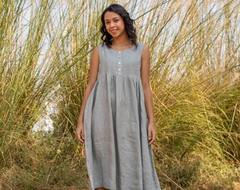 Soft Linen Maternity Dress, Loose Linen Tunic, Grey Color Dress, Casual Dress With Pockets, Organic Washed Linen, Plus Size, Custom Size