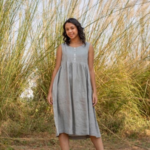 Soft Organic Linen Maternity Dress: Grey Tunic with Pockets