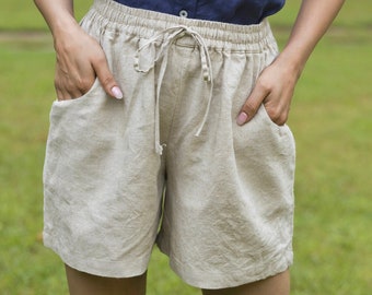 Natural Linen Shorts with Pockets, High Rise Short Shorts, Relaxed Fit with Drawstring, Loose Waist Elastic Waistband