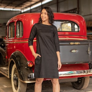 Black Linen Tunic Dress: Loose Fit, Plus Size with Pockets