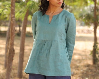 Blue Linen Top, Comfy Long Sleeve Shirt, Organic Washed Linen, Loose Aqua  Top, Plus Size Flax Clothing, Blouse for her