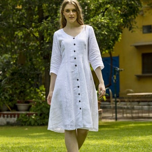 Button Down Linen Dress with Long Sleeve, V Neck Washed Linen Dress image 8