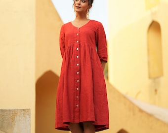 Loose Fit Linen Button Down Maternity Dress, Plus Size Clothing