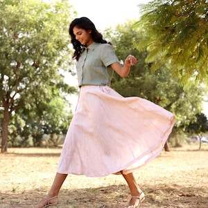 Long Pink Linen Skirt: High Waisted A-Line Frock with Pockets