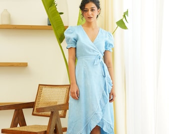Short Sleeve Linen Wrap Dress with Frill Detail | Plus Size Clothing
