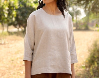 Natural Linen Square Top, Oversize Casual Shirt, Organic Washed Flax Blouse, Loose Summer Top, Plus Size Clothing, Bracelet Sleeves