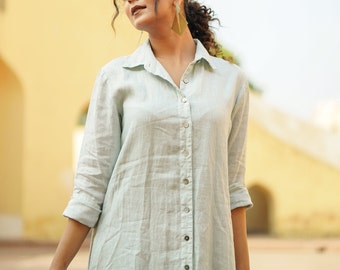 Washed Linen Shirt Dress with Pockets – Breathable Organic Summer Dress Women | Fluid Fit Full Sleeve Dress | Rumpled Soft Linen Dress