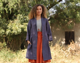 Blue Linen Cardigan, Long Jacket with Pockets, Washed Coat for Women, Plus Size Handmade Clothing, Navy Blue Oversize Top