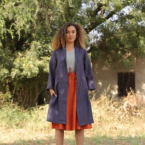 Blue Linen Cardigan: Handmade Oversize Long Jacket with Pockets