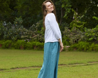 Wide Leg Linen Pants, High Waist Palazzos, Tall Waistband Comfy Trousers, Loose Pants with Pockets, Flared Fit, Plus Size Clothing