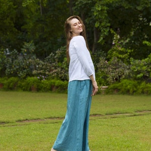 Wide Leg Linen Pants, High Waist Palazzos, Tall Waistband Comfy Trousers, Loose Pants with Pockets, Flared Fit, Plus Size Clothing