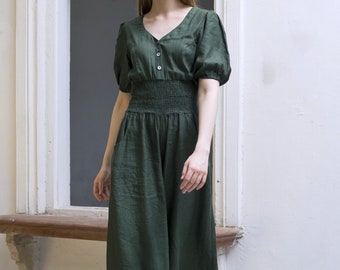 Combinaison en lin vert, Combi-short Boho avec poches et fermeture éclair, Body ample à ceinture élastique, Pantalon large taille plus, Vêtements Petite personnalisés