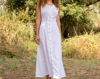 Sleeveless White Linen Dress, Loose Tunic, Maternity Summer Maxi , Boho Gown With Pockets, Organic Washed, Plus Size Petite, Custom Size