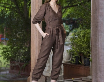 Long Sleeve Hooded Linen Jumpsuit, V neck Playsuit with Functional Pockets, Kimono Style Belt, Long Boho Romper, Petite Plus Size Clothing