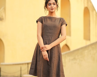 Brown Linen Dress with Cap Sleeves, Boat Neck Linen Tunic with Princess Seams, Midi Length Linen Dress, Plus Size Clothing