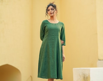 Round Neck Modest Linen Dress, Midi Length Long Sleeve Lined Tunic With Zipper, Plus Size, Custom Petite Size