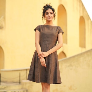 Brown Linen Dress with Cap Sleeves, Boat Neck Linen Tunic with Princess Seams, Midi Length Linen Dress, Plus Size Clothing image 1