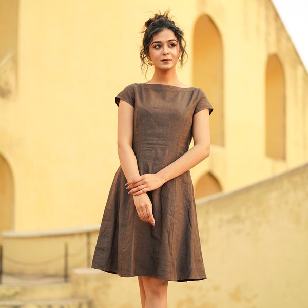 Brown Linen Dress with Cap Sleeves, Boat Neck Linen Tunic with Princess Seams, Midi Length Linen Dress, Plus Size Clothing