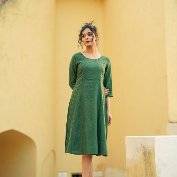 Round Neck Modest Linen Dress, Midi Length Long Sleeve Lined Tunic With Zipper, Plus Size, Custom Petite Size