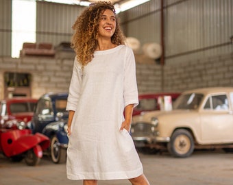 White Linen Midi Dress, Round Neck Summer Tunic, Plus Size Linen Clothing for Women