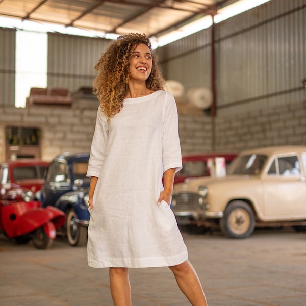 White Linen Midi Dress, Round Neck Summer Tunic, Plus Size Linen Clothing for Women