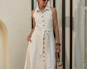 Organic Linen Sleeveless Midi Dress: Button-Front Summer Dress With Belt