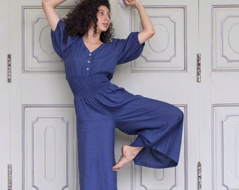 Indigo Linen Jumpsuit with Wide Leg Pants, Blue Romper With Pockets and Zipper, Boho Elastic Waistband Bodysuit, Plus Size Petite Clothing