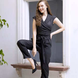 Shawl Collar Linen Jumpsuit With Cap Sleeve, V Neck Wrap Playsuit