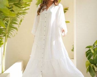 White Linen Maxi Dress, Loose Fit A-Line, Plus Size with Belt