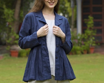 Navy Blue Linen Jacket with Long Sleeve, Heavy Linen Boho Blazer for Women, Revere Collar Coat with Frills, Comfy Plus Size Petite