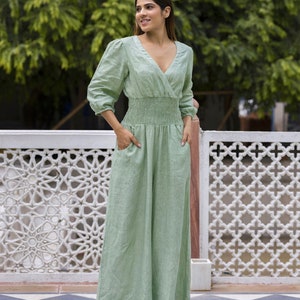 Faux Wrap Linen Jumpsuit with Wide Leg Pants