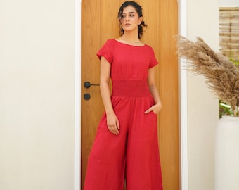 Organic Linen Jumpsuit: Boho Romper with Pockets