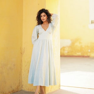 Organic Linen Maxi Dress: Long Sleeve V-Neck Boho Gown