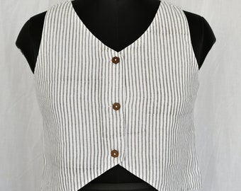 Linen cropped vest, Striped Linen tank top, Block Printed Front button vest for women, Plus size clothing by Ellementree