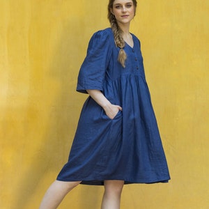 Oversized Indigo Linen Maternity Dress, Long Sleeve Loose Tunic With Pleated Skirt and Button Closure, Boho Modest, Plus Size, Custom Size image 2