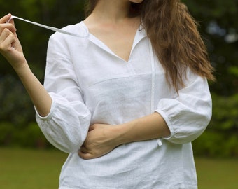 White Linen Blouse with Tie Neck, Flax Linen Loose Top, V Neck Elbow length Sleeve Shirt, Plus Size Petite, Tailored Clothing