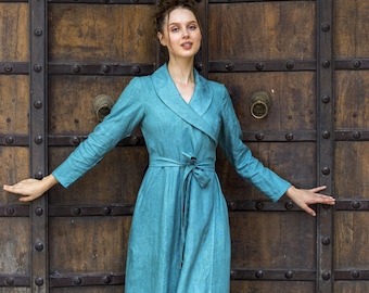 Shawl Collar Linen Wrap Dress, Heavy Linen Waist Tie Maxi Dress with Pockets, Linen Kimono Robe, Plus size and Petite sizes available