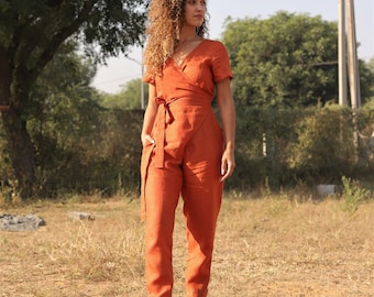 Orange Linen Wrap Jumpsuit: Boho Romper with Pockets