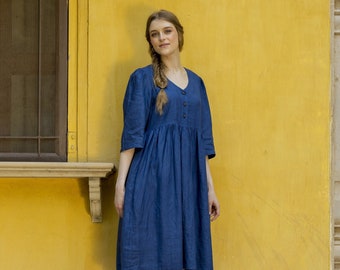 Oversized Indigo Linen Maternity Dress, Long Sleeve Loose Tunic With Pleated Skirt and Button Closure, Boho Modest, Plus Size, Custom Size