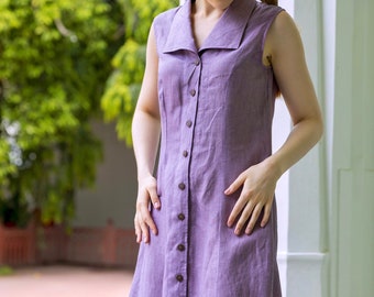 Sleeveless Linen Shirt Dress, Collared Loose Fit Button Down Tunic, Casual Knee Length Lilac Dress, Plus Size Petite Clothing