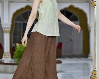 Wide Leg Linen Palazzo Pants - Brown Trousers with Pockets - High Waisted Flowy Culottes - Boho Elastic Waistband Bottoms - Plus Size Petite