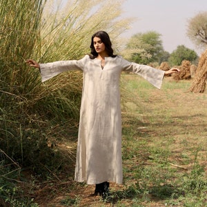 Natural linen kaftan dress, split neckline boho tunic, soft cotton lined dress, full sleeve with functional pockets