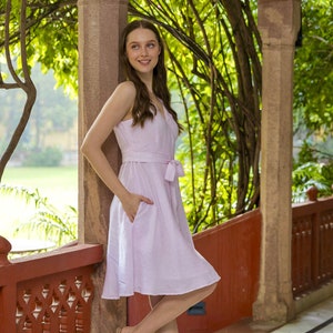 Linen Wrap Dress: Sleeveless Pink Tunic with Pockets, Plus Size