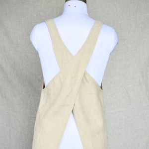Cross Back Linen Apron: V Neck Pinafore with Pockets