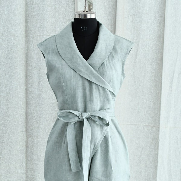 Linen Jumpsuit: V-Neck Wrap Romper with Belt
