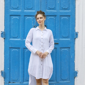 White Linen Shirt Dress with Long Sleeves, Button Up Loose Fit Linen Dress, Boyfriend Shirt