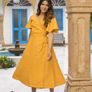 Linen Midi Wrap Dress: Flutter Sleeve, Plus Size with Pockets